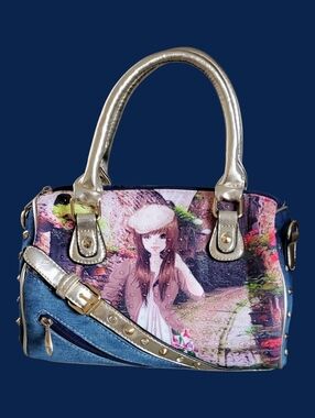 Parasian Chic Embellished Denim Handbag Girl In Beret & Cobblestone Floral Print